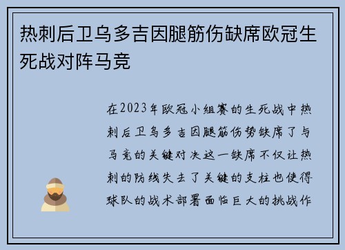 热刺后卫乌多吉因腿筋伤缺席欧冠生死战对阵马竞